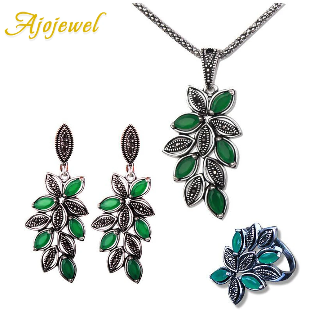 Ajojewel Vintage Crystal Branch Leaves Jewelry Sets For Women 2024 New High Quality Rings Earrings Necklace Antique Silver-color