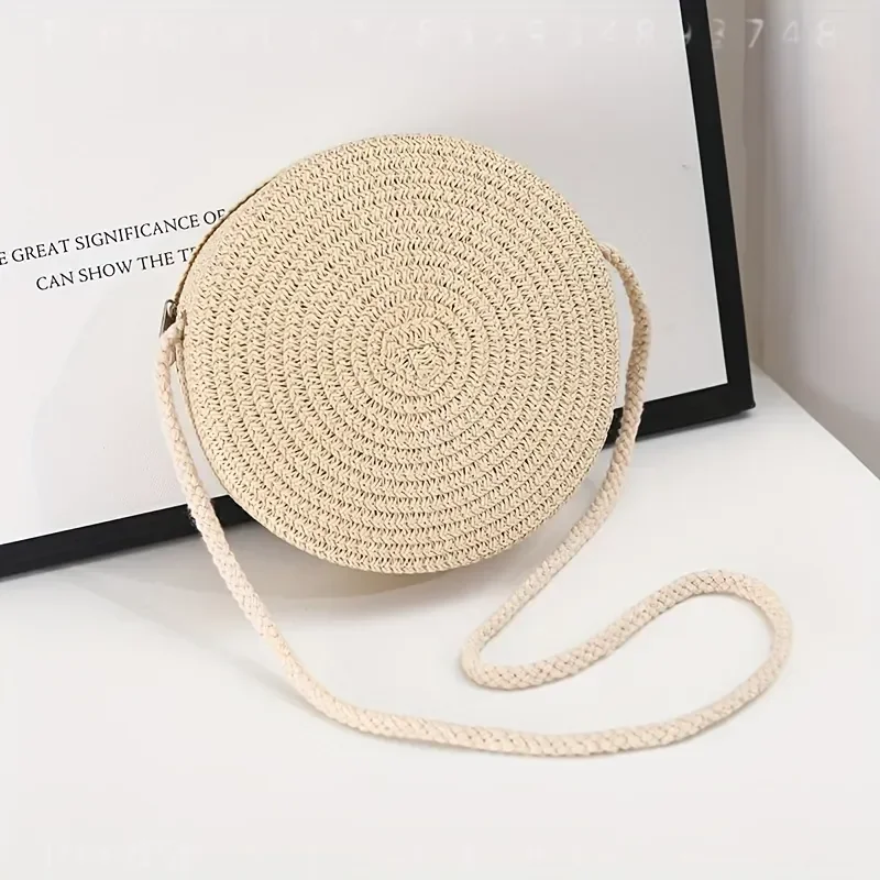 Round Woven Rattan Crossbody Bag for Women Handmade Knitted Straw Small Shoulder Beach Purse Natural Summer Holiday Accessory view 4