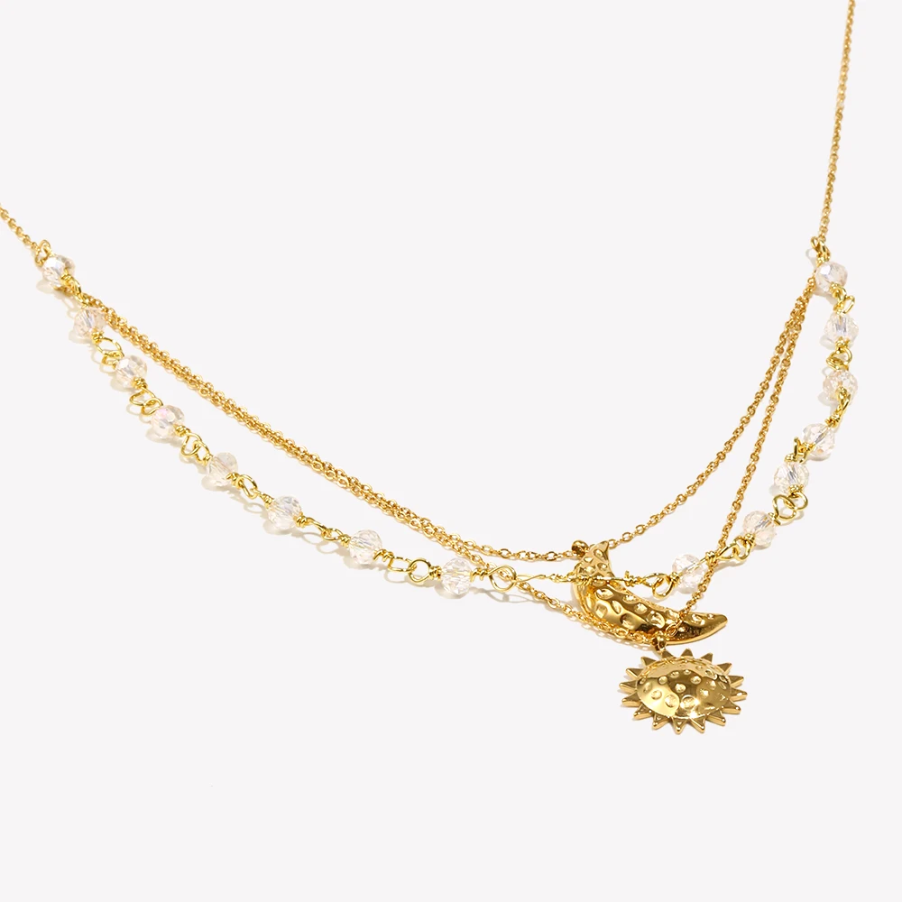 E.B.belle New Exquiste Three Layers Crystal Chain Hammered Moon Sun Pendant Necklaces Girls Waterproof Stainless Steel Jewelry