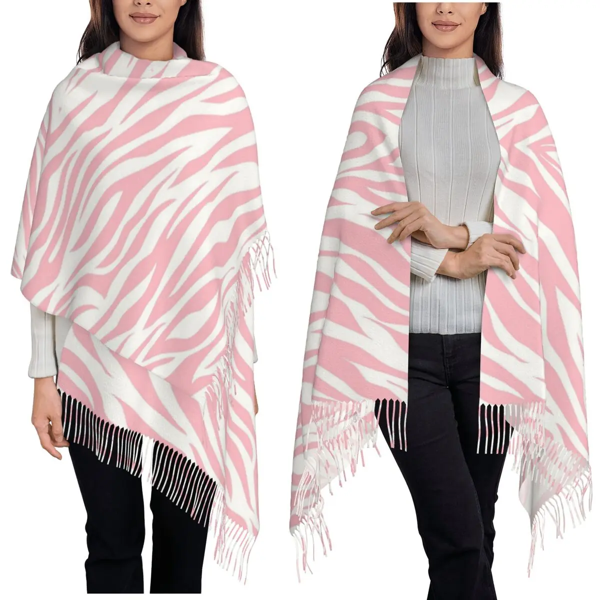 

Розовый шарф в полоску зебры с животным принтом, шарфы с кисточками, женские мягкие теплые шали и накидки, большая осенне-зимняя шаль