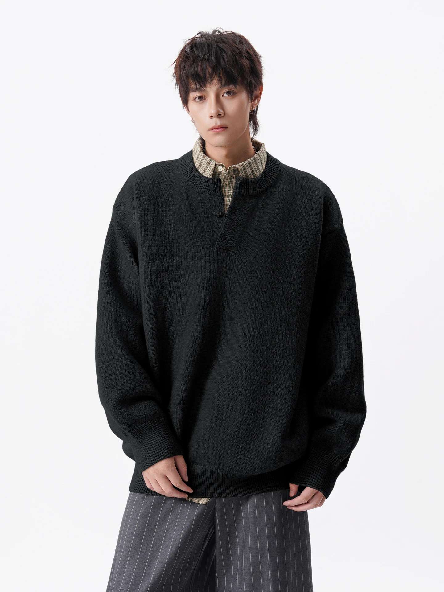 

American Retro Henry Collar Knitted Sweater Loose Fit ex Couple's Cleanfit Long Sve Top Warm Casual Sle Winter Wear