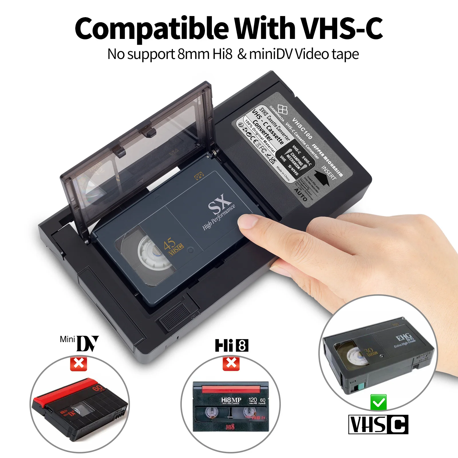 For VHS-C Cassette Adapter For VHS-C SVHS Camcorders RCA Sealed Motorized Cassette Adapter Incompatible For MiniDV/Hi8