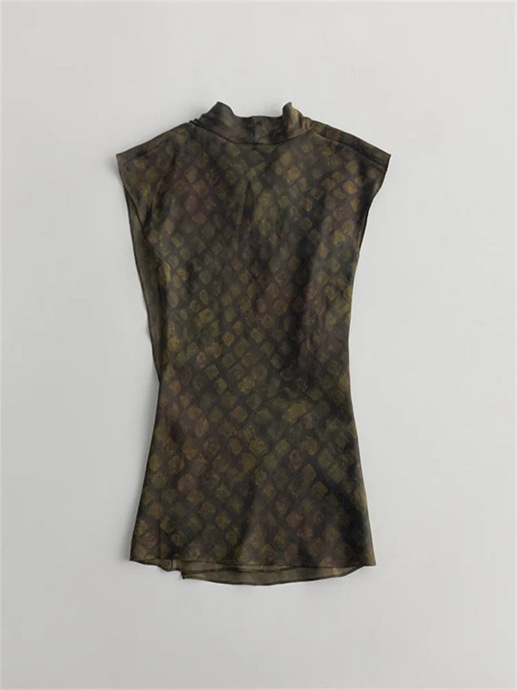 المرأة الخامس الرقبة 100% كوبرو تي شيرت ريترو منقوشة طباعة أكمام الربط وهمية قطعتين مقلاع قليلا الخصر المحملة الأعلى لسيدة