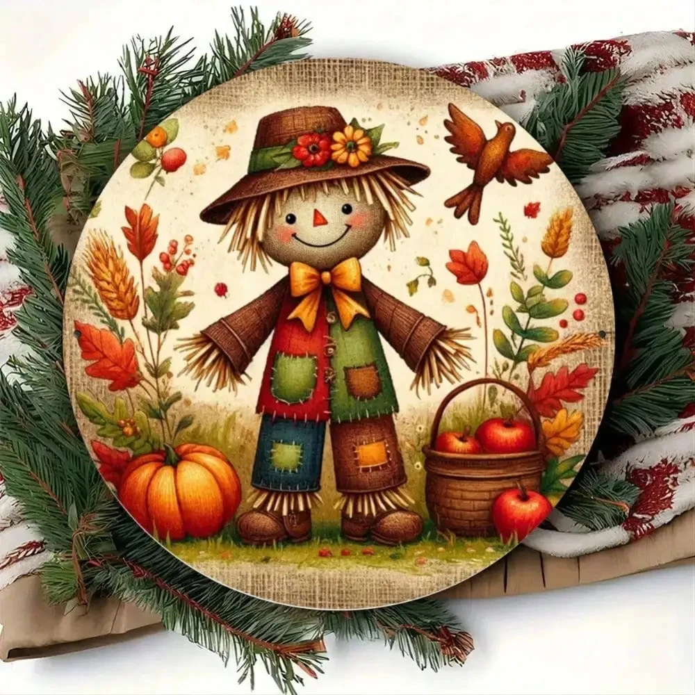 2D Flat High-Definition Metal Wall Art: Rustic Cute Scarecrow with Pumpkin and Apple Basket Metal Sign, Vintage Autumn Harvest