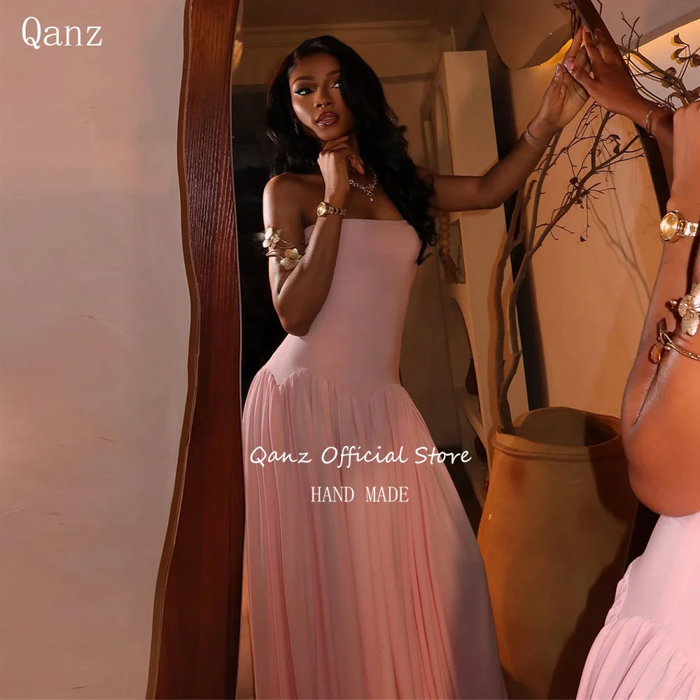 Qanz Dubai Long A Line Pink Evening Dresses Women Floor Length Dress For Wedding Party Backless Robe De Soirée Customized