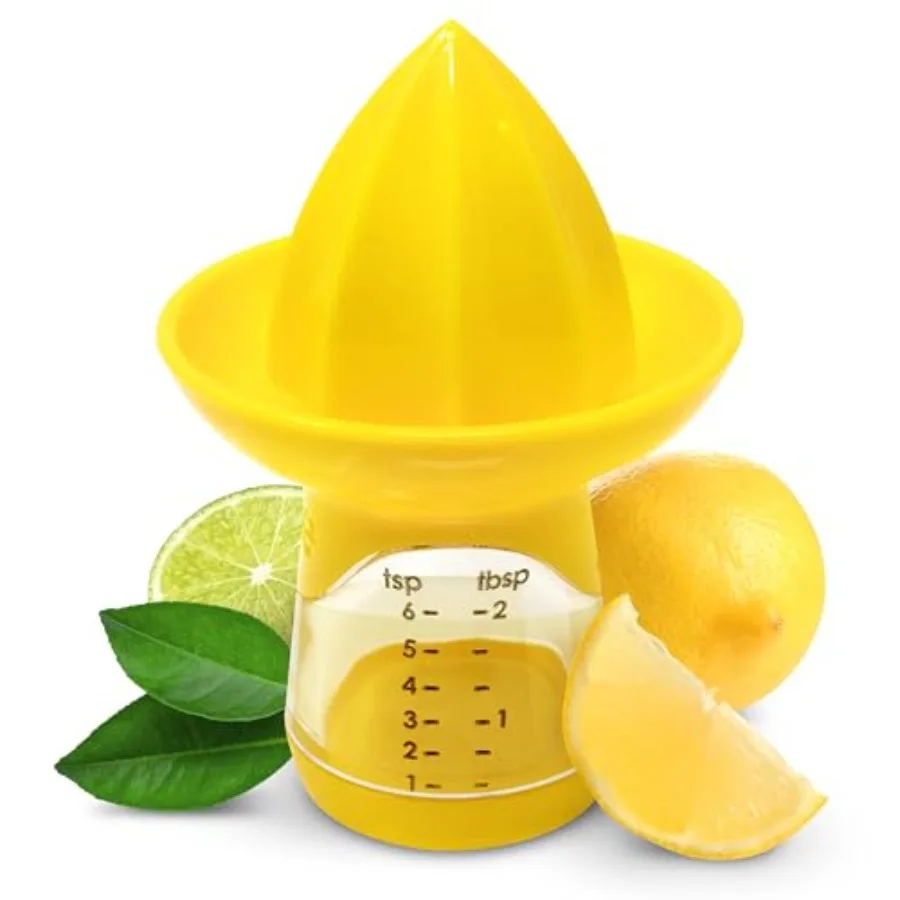 Lemon and Lime Small Hand Juicer and Reamer, Built-In Measuring Cup, 1oz/30ml, Easy to Strain, Stores Leftover Juice, BPA-Free,