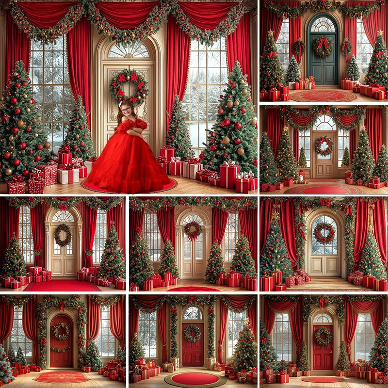 

LS Photography Background Red Christmas Arch Door Gift Xmas Tree Kid Family Holiday Portrait Decor Backdrop Photo Studio