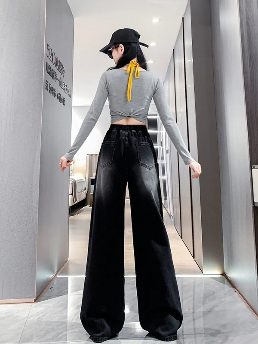 High Waist Straight Leg Jeans Women's plus Size Elastic Waist Drawstring Loose Wide Leg Pants Casual Style Faded Denim