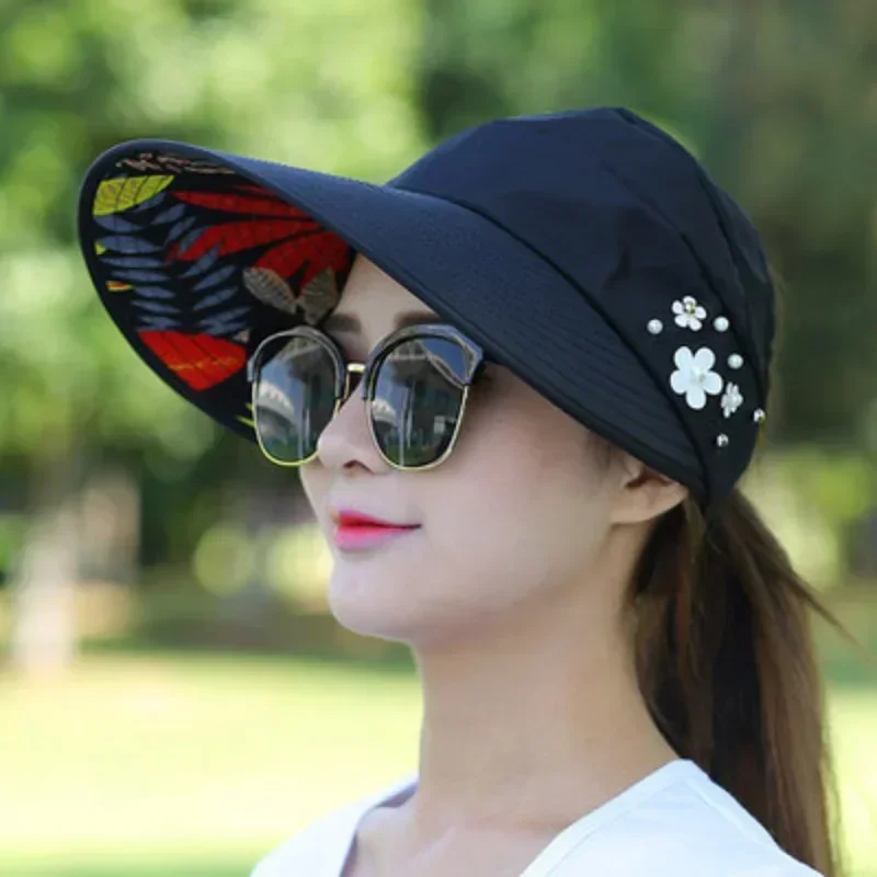 Summer Hats for Women Foldable Sun Hat Pearl Flower Visor Suncreen Floppy Cap Female Outdoor Casual Baseball Cap Hat for Woman