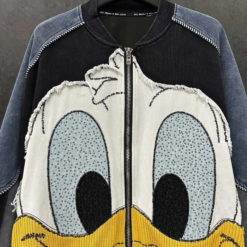 2025 Autumn Heavy Industry New Cartoon Color Block Cardigan Sweatshirts Jacket For Women's Loose Casual Fashion Top Hoodies Coat