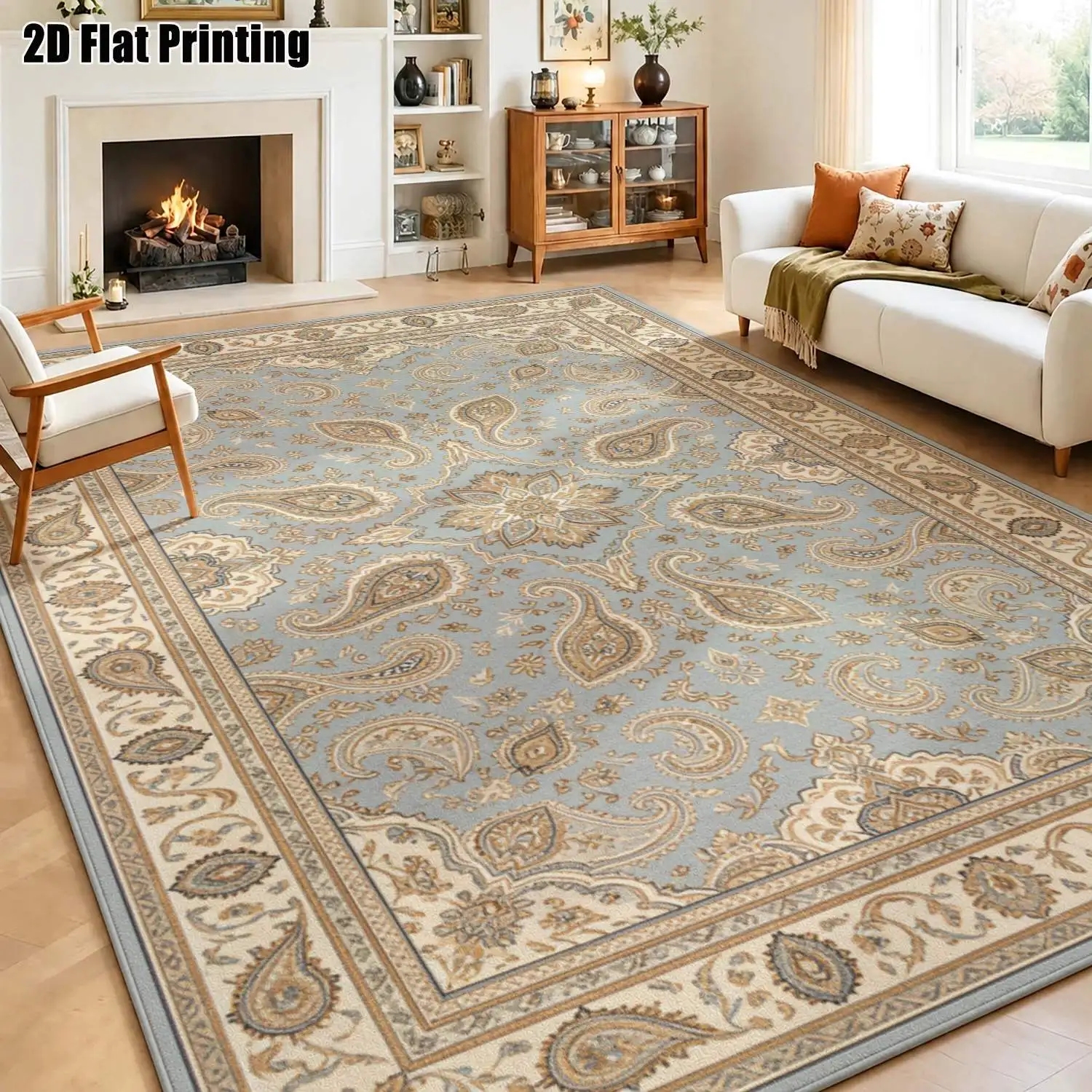 1Pc 2D Printed Paisley Blue Brown Carpet, European Vintage Geometric Style, Multi-Size Machine Washable, for Home Decor Multi-Scenario Use
