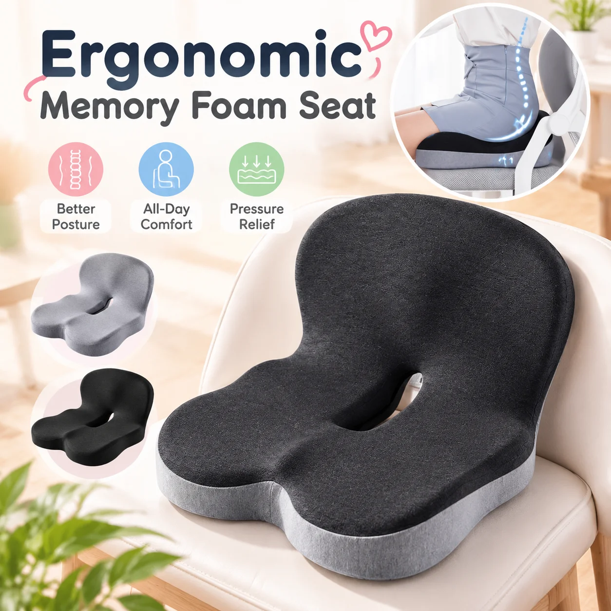 Ergonomisches Memory-Schaum-Sitzkissen mit integrierter Rückenstütze zur Entlastung von Hüfte und Taille, Komfort für Büro- und Autostühle