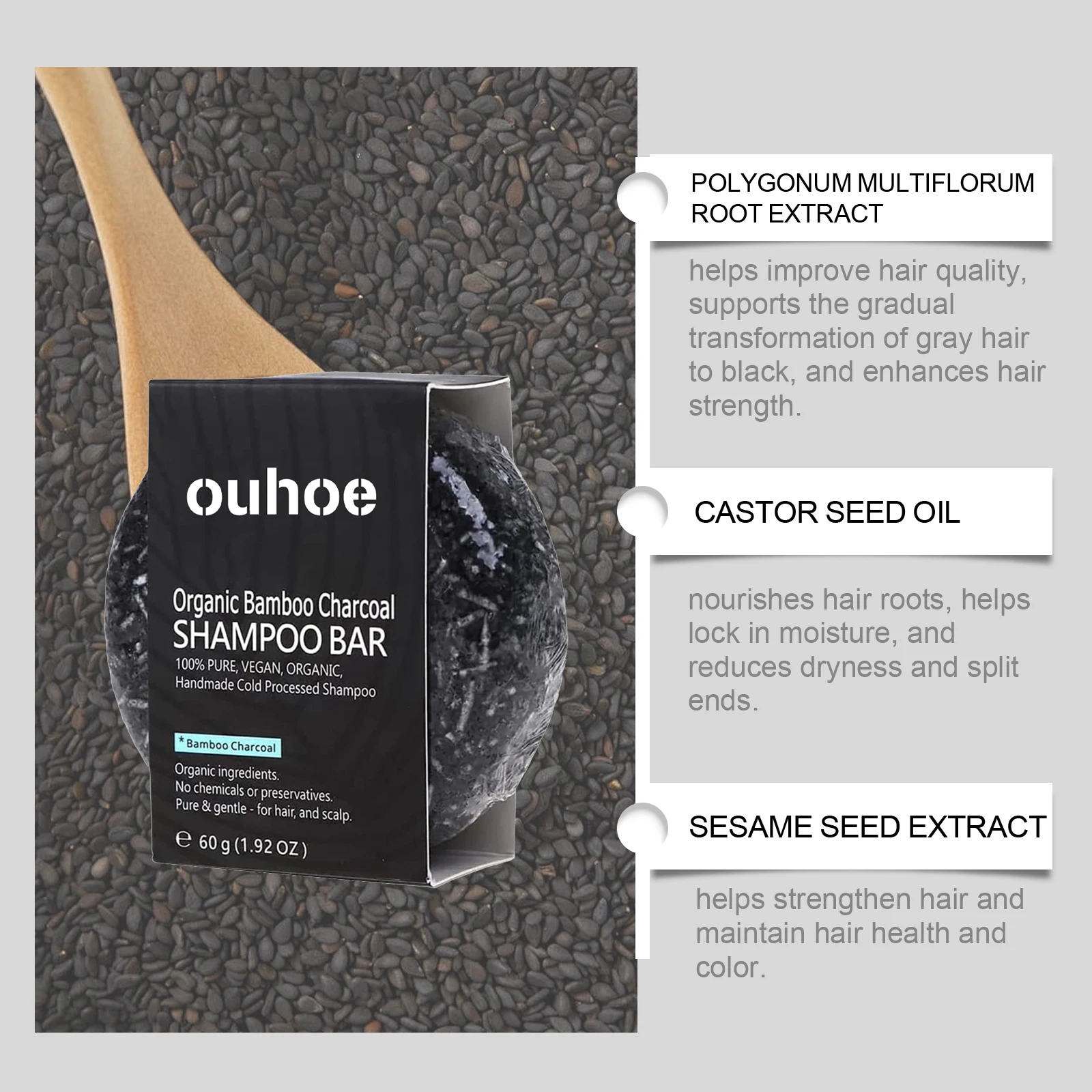 OUHOE 60g Bamboo Charcoal Shampoo Soap Restore Black Hair Glossy Remove Dirt Keep Hair Healthy Refreshing & Non-Greasy Rich Foam