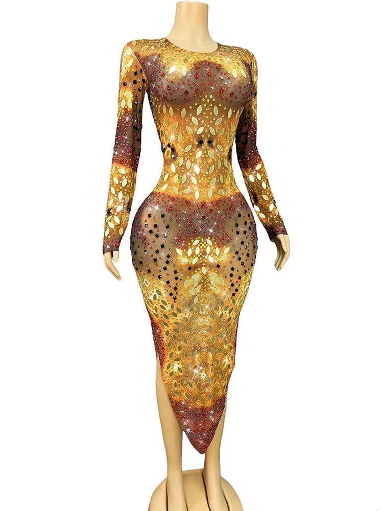 Hoge kwaliteit strass spiegel glitter onregelmatige rok elastische jurk 2025, nieuwe mode aangepaste dameskleding