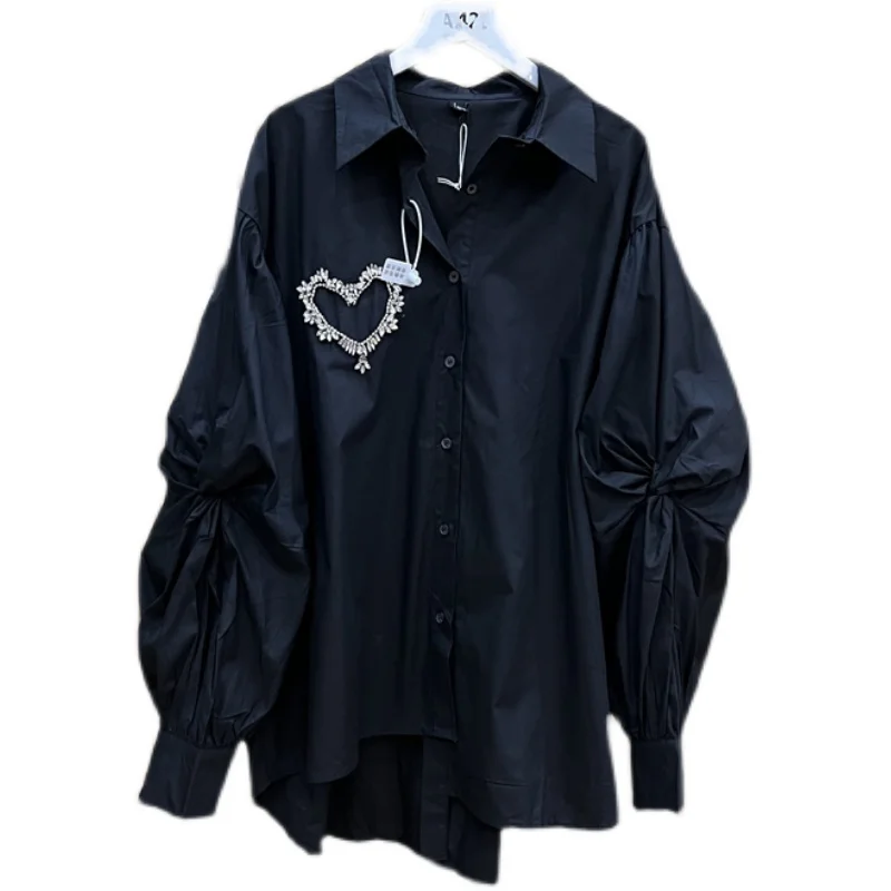 2023 Spring Shirts for Women New Ins Heavy Industry Beads Love Three-Dimensional Twisted Bubble Long Sleeve Blouse Loose Top