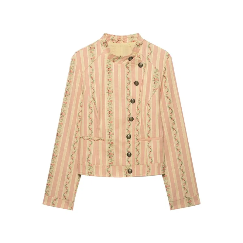 Women's Floral Striped Jacquard Jacket New 2026 Summer O-Neck Asymmetric Button Long Sleeve Pocket Lady Coats Female Outerwear