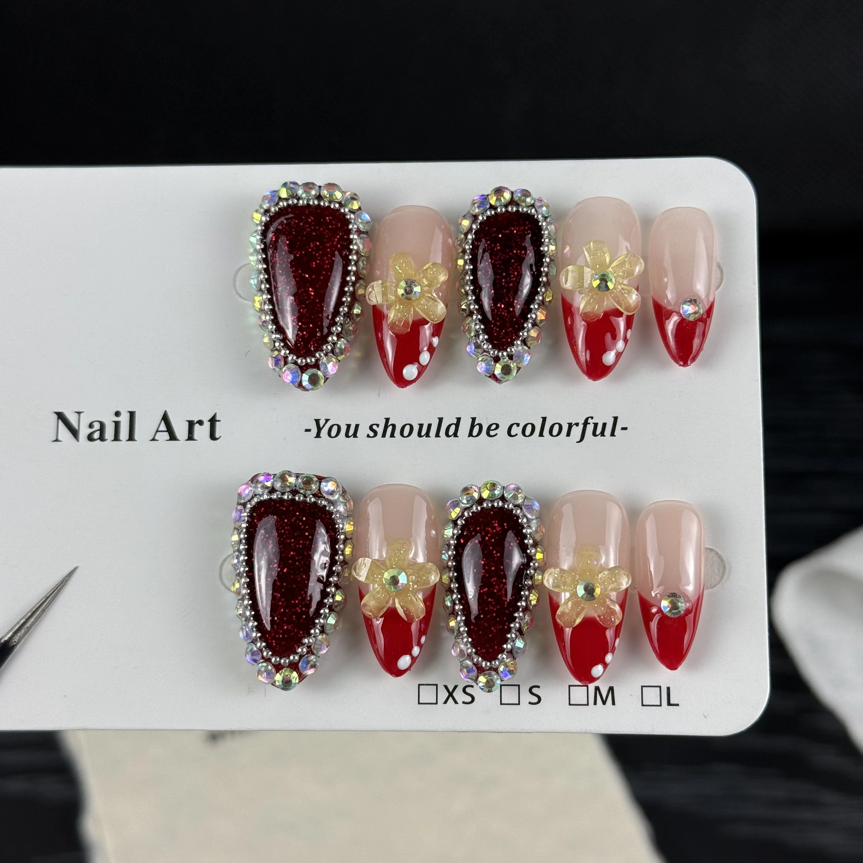 10pcs high-end Luxury and retro style, hand-painted three-dimensional patterns, wine red cat eye, dazzling cluster of diamonds