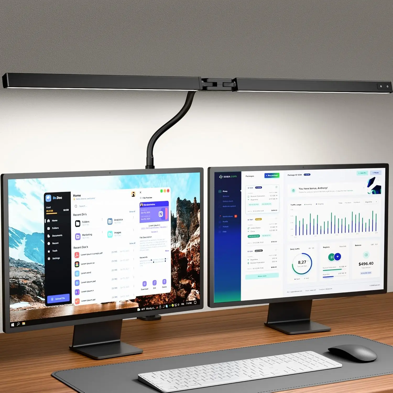 

Настольная LED-лампа с зажимом для защиты глаз, регулируемая гибкая штанга для двух мониторов, 3 цветовых режима и плавное затемнение