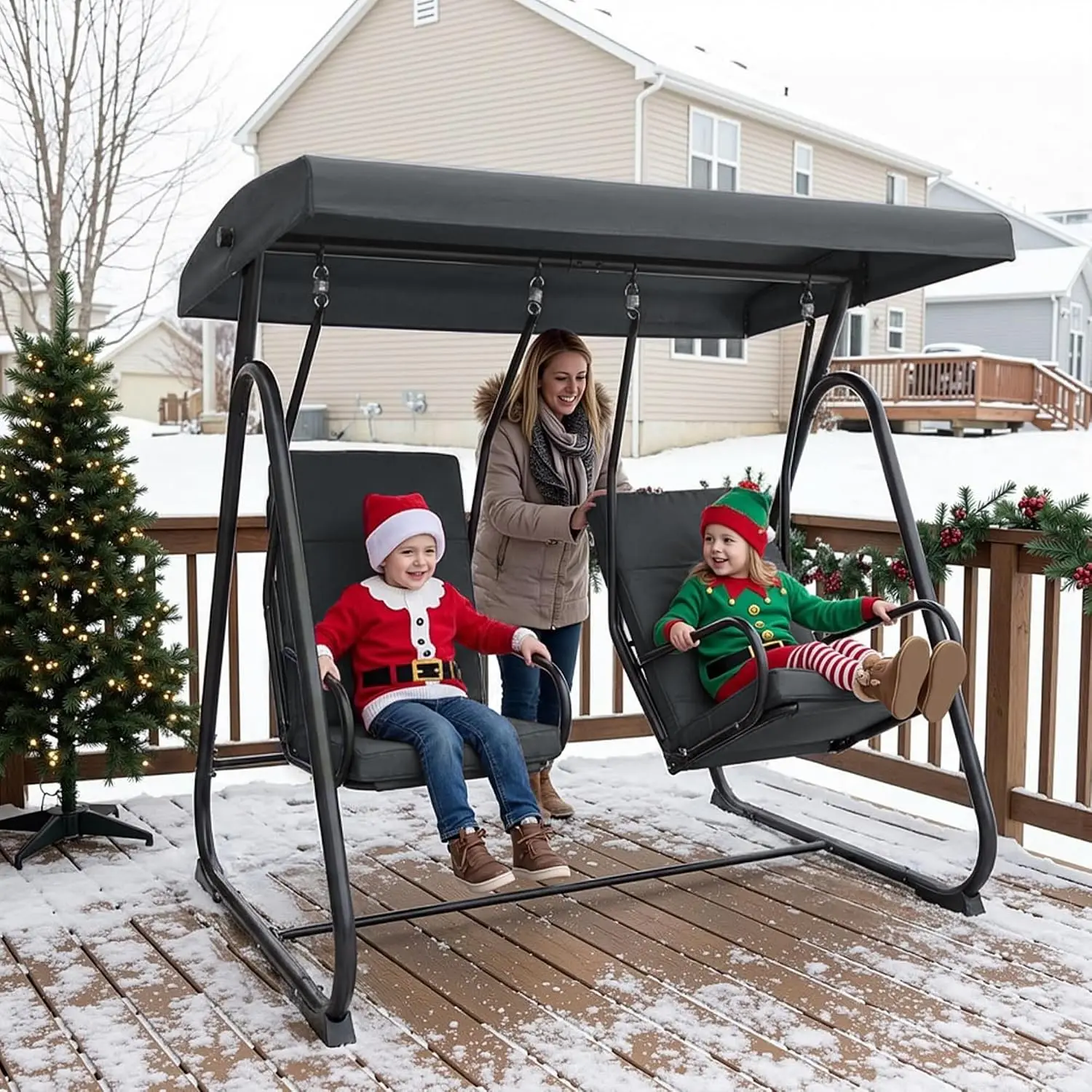 2 Person Outdoor Porch Swing Chair with High Backrest, Independent Glider for Backyard & Garden, Dark Grey, Customized