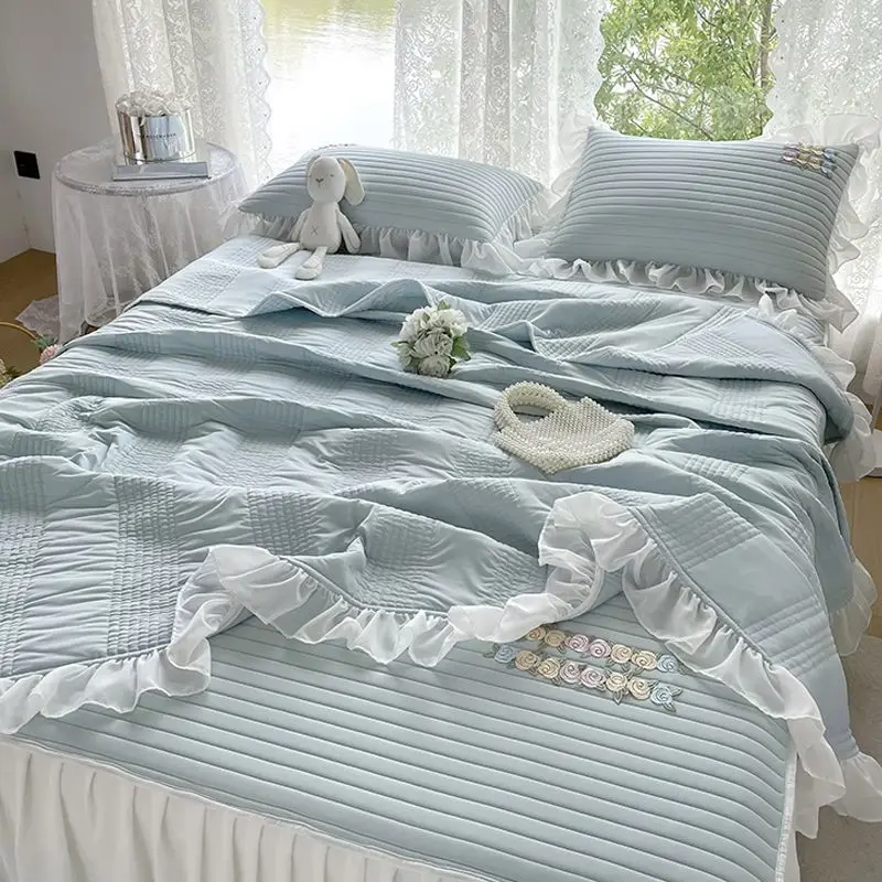 

Cool Ice Silk Latex Summer Quilt Four- Bed Skirt Double-Layer Lace Airable Cover Soft Mat Three-Piece Set