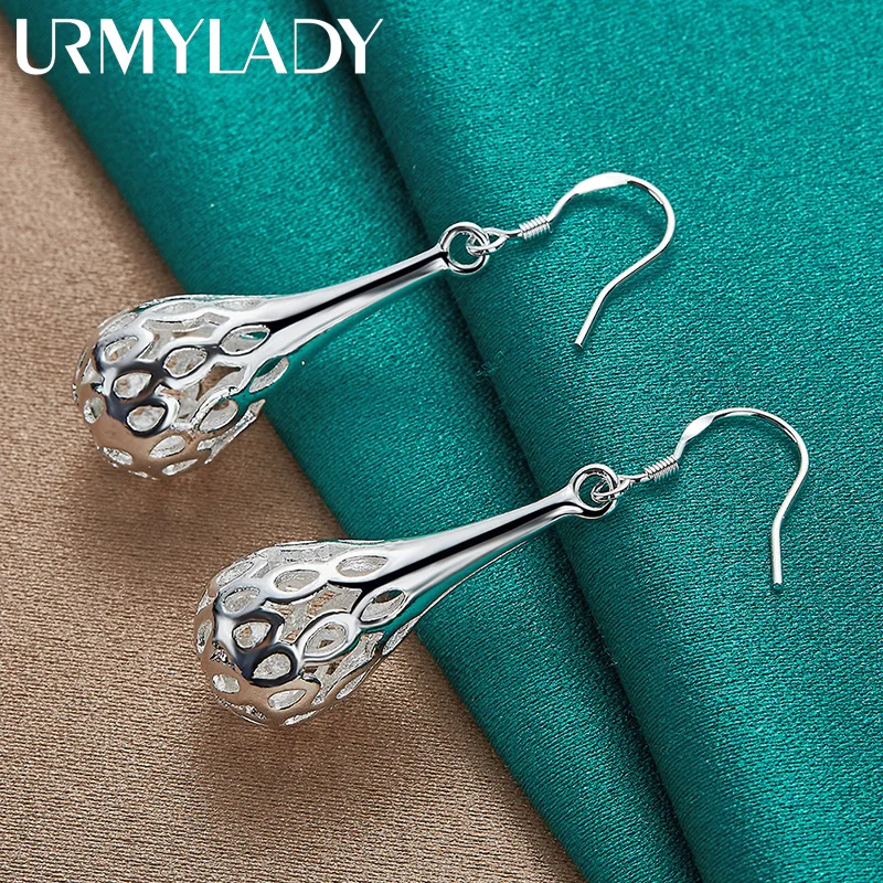 URMYLADY 925 Sterling Silver Hollow Water Drop Earrings Eardrop for Women Fashion Wedding Engagement Charm Jewelry