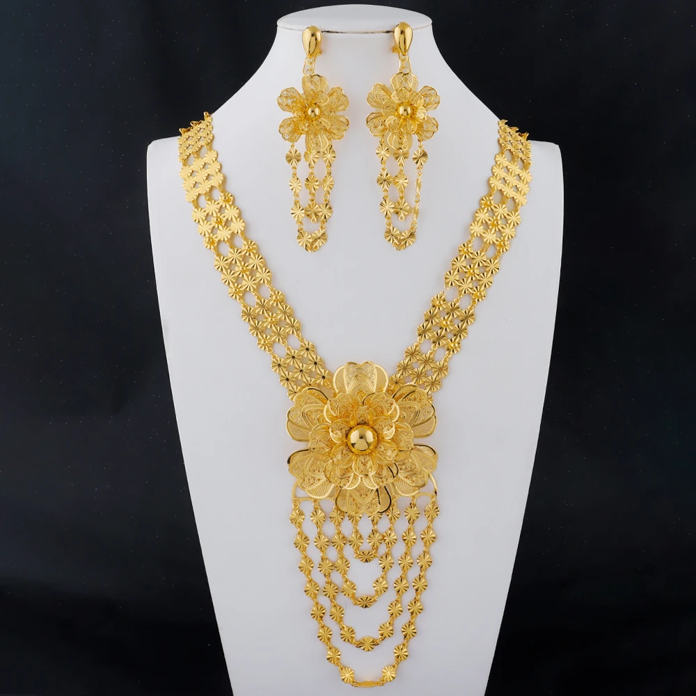 Dubai Gold Women's Bridal Jewelry Set Nigerian African Long Chain Necklace and Earrings Jewelry Set Valentine's Day Gift