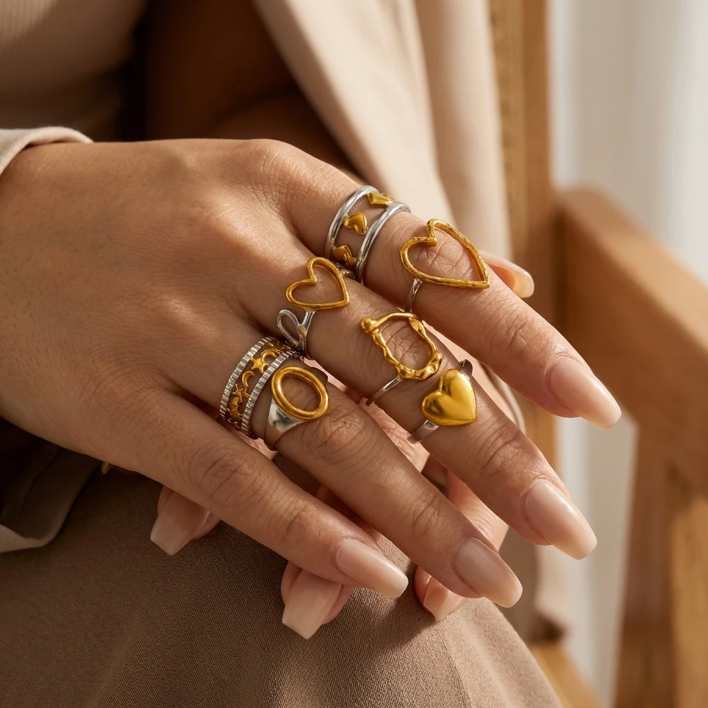 

7Pc Abstract Geometric Heart Ring Set for Women Stainless Steel Dual Tone Minimalist Everyday Mix Match Chunky Finger Jewelry