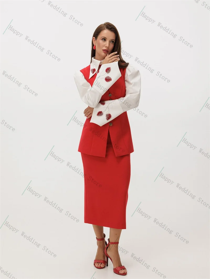 

Red Crystals Women Suit Pants Set 3 Piece Blazer+Vest+Prom Dress Formal Office Lady Jacket Customized Wedding Guest Cotton Coat
