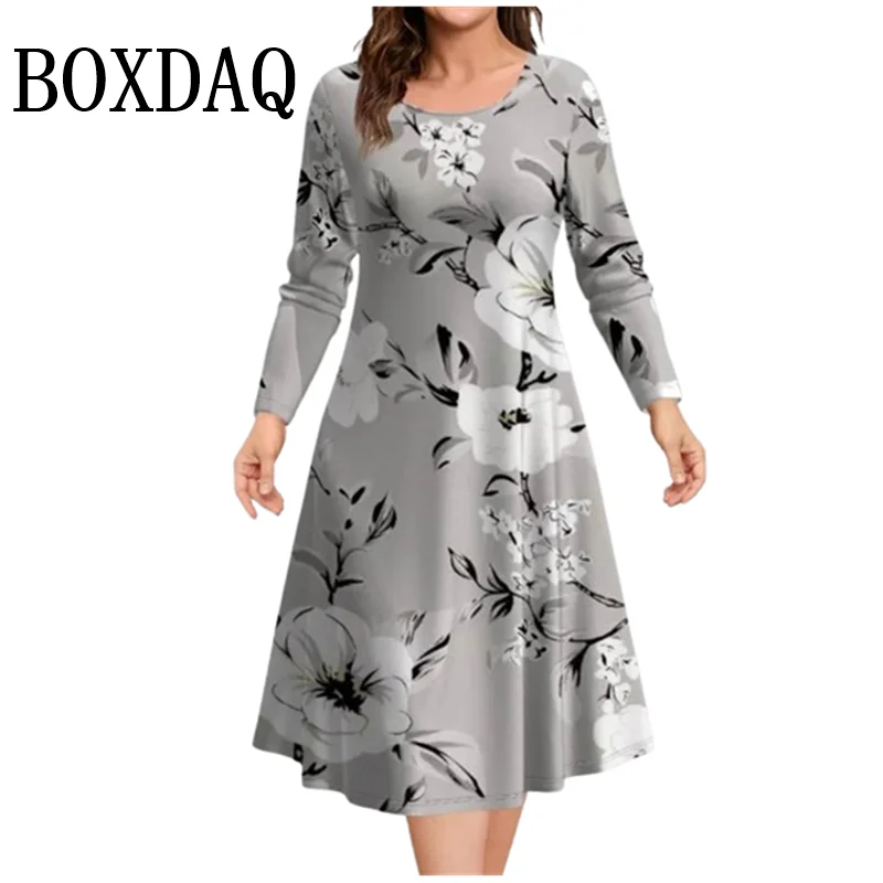 Autumn Winter New Ladies Pus Size Casual Dress 9XL Fashion Round Neck Geometry Printing Loose Long Sleeve A-Line Dress Vestidos