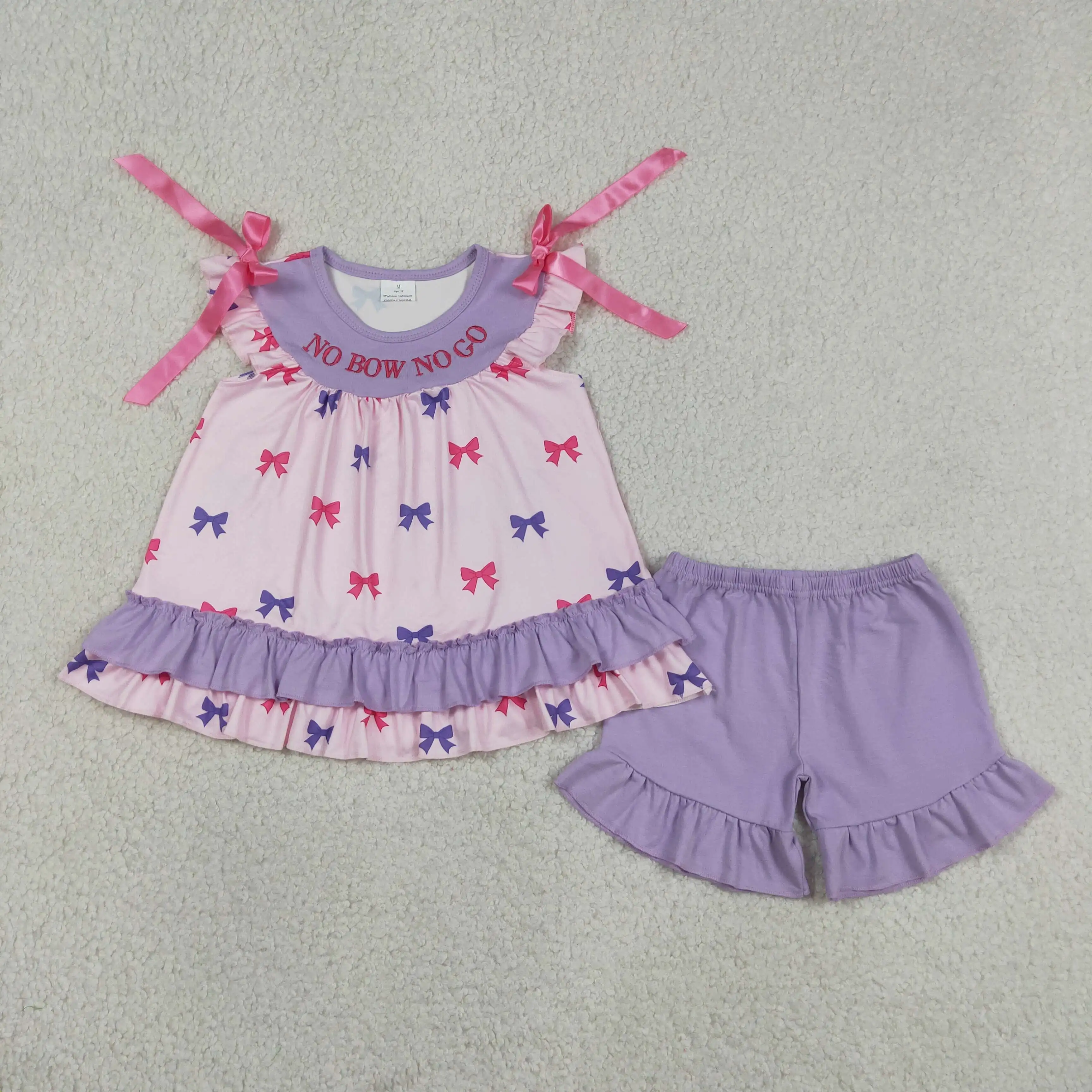 Wholesale Children Toddler Embroidery Outfit Baby Girl Short Sleeves Bows Tunic Kids Purple Shorts Set Girls Summer Clothes