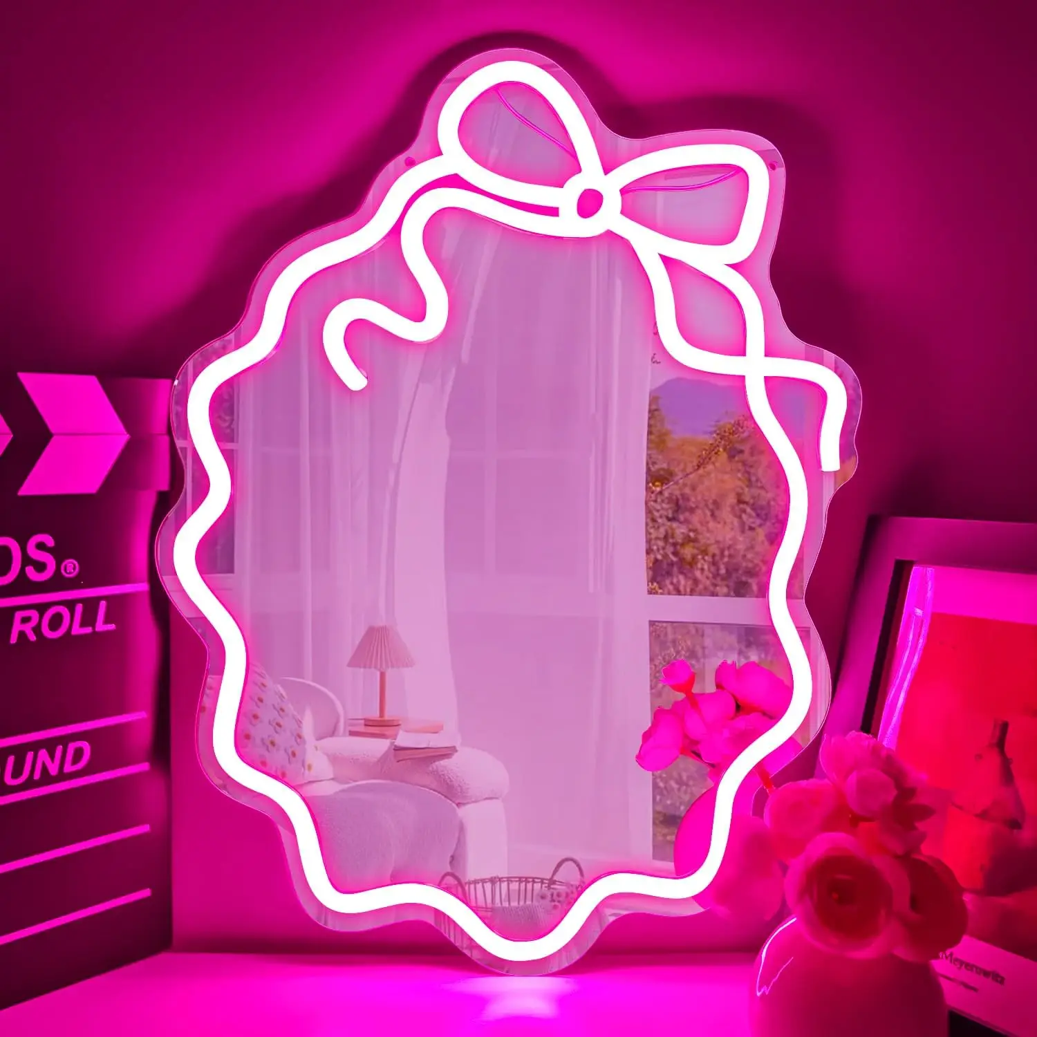 壁飾り用ボウミラーネオンサイン、コケットルーム用ledサイン、調光可能なミラーライトアップサイン、ドレッサーギフト用ネオンライト