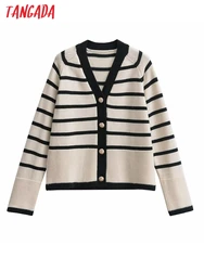 Tangada Spring Women Striped Jaquard Oversized Cardigan Sweaters Long Sleeve Female Jumper AI102