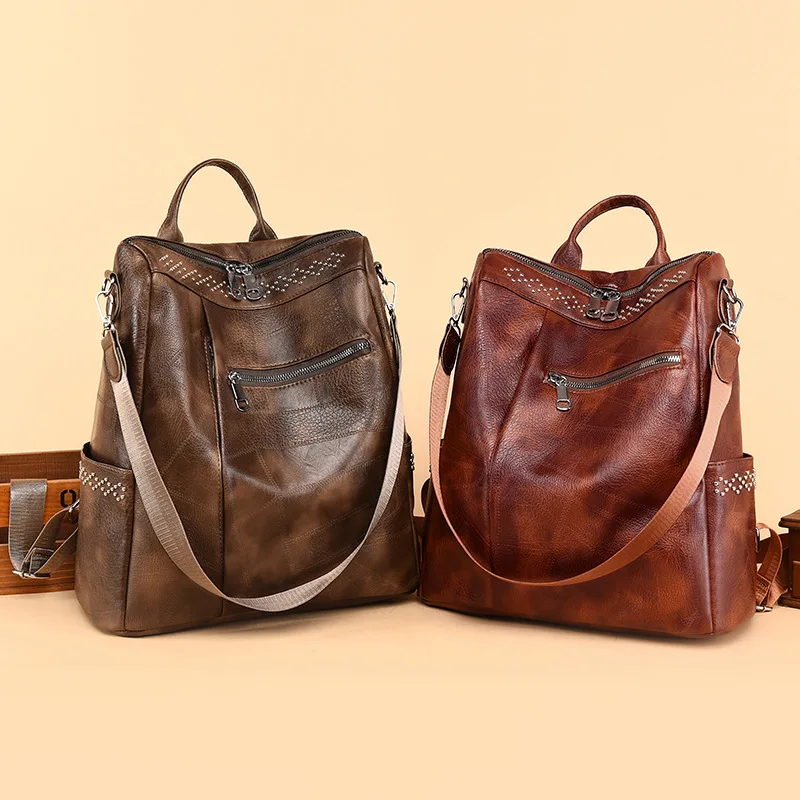 Women Retro PU Leather Backpack With Front Pocket Rucksack Convertible Knapsack Shoulder Bag Ladies Handbag Daypack Daily