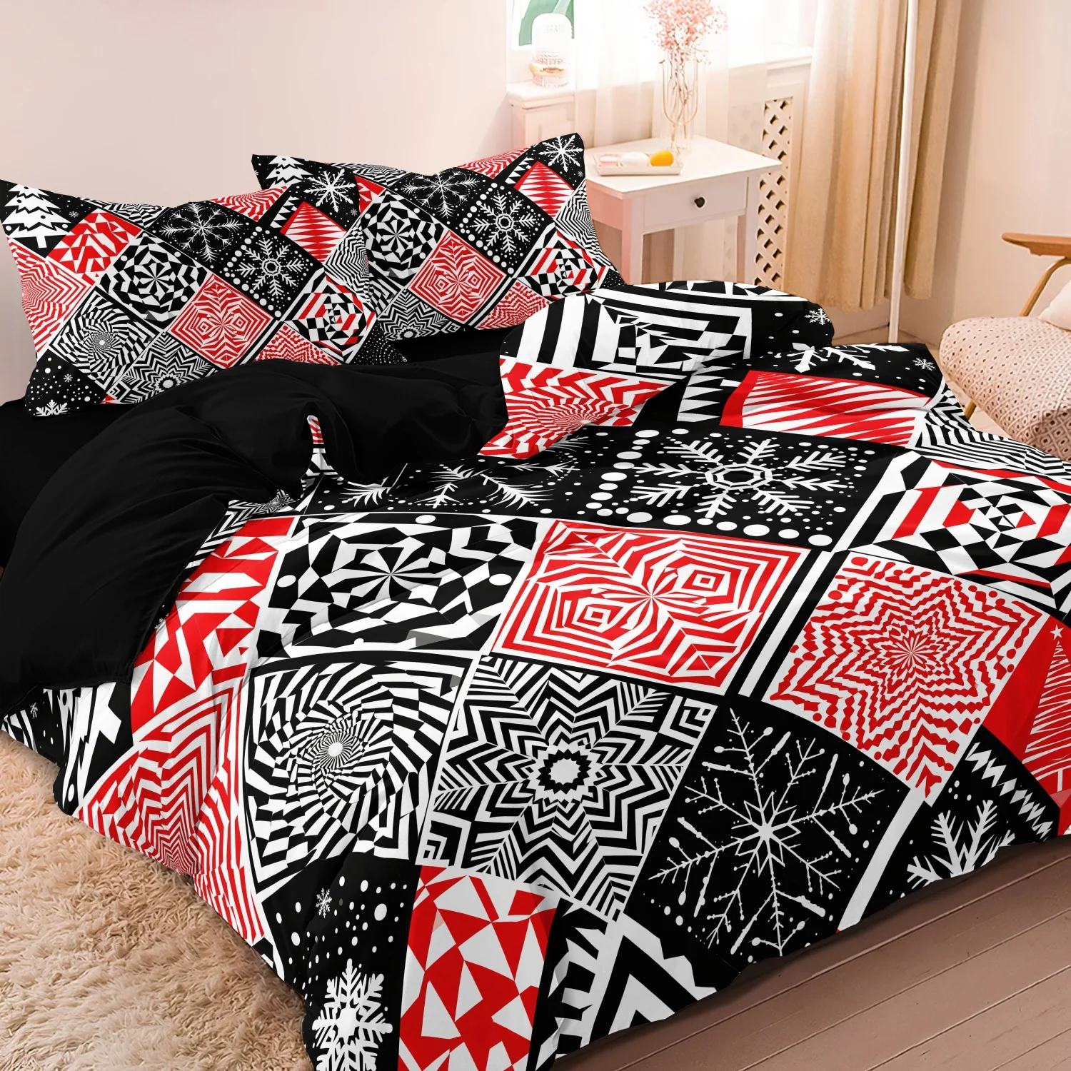 3Pcs Red Black White Abstract Mosaic Christmas Duvet Cover Set, Geometric Snowflake Christmas Tree Pattern Bedding