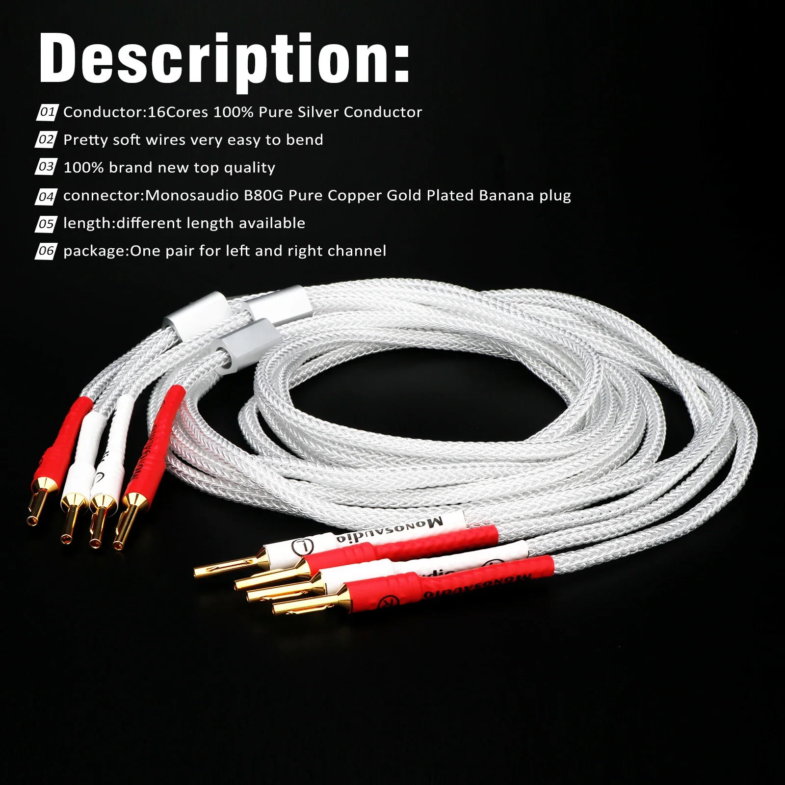 16Cores Pure Silver Speaker Cable with Pure Copper Banana Plug - HIFI Audio Loudspeaker Wires for Amplifiers, Flexible and High-