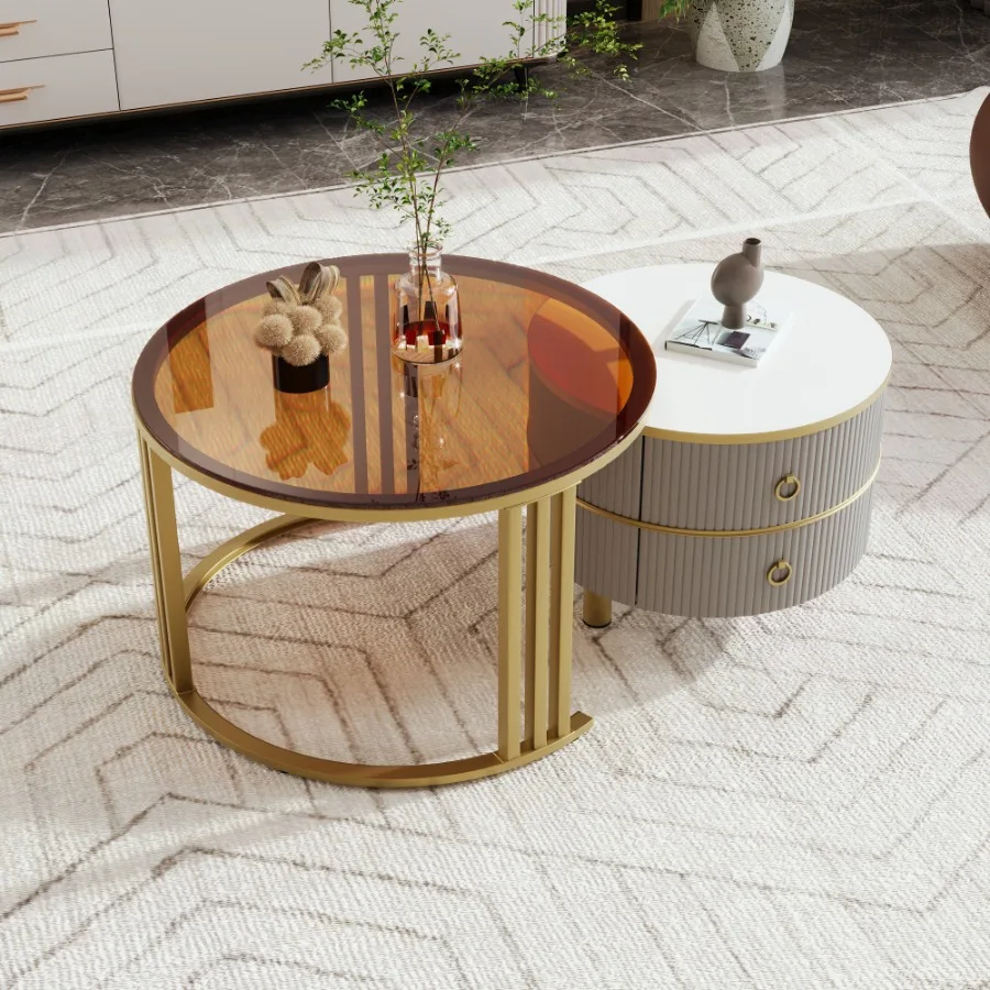 Coffee table - rattan coffee table, drawers with rattan and sliding doors with solid wood slats, solid wood legs, natura