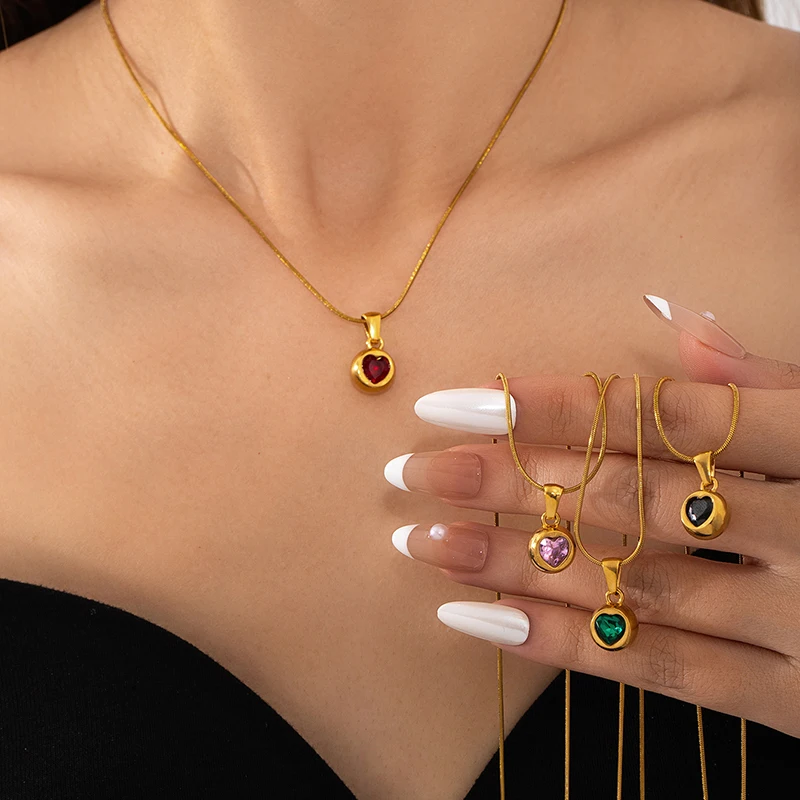 ANENJERY 316L Edelstahl-Halskette mit bunten Herz-Zirkonia-Perlen für Damen, luxuriöses Design, schlichter Schmuck, Geschenke, Großhandel