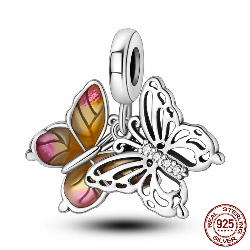 

925 Sterling Silver Twin Butterfly Charm Bead, paired with an original bracelet, perfect for women's DIY jewelry.