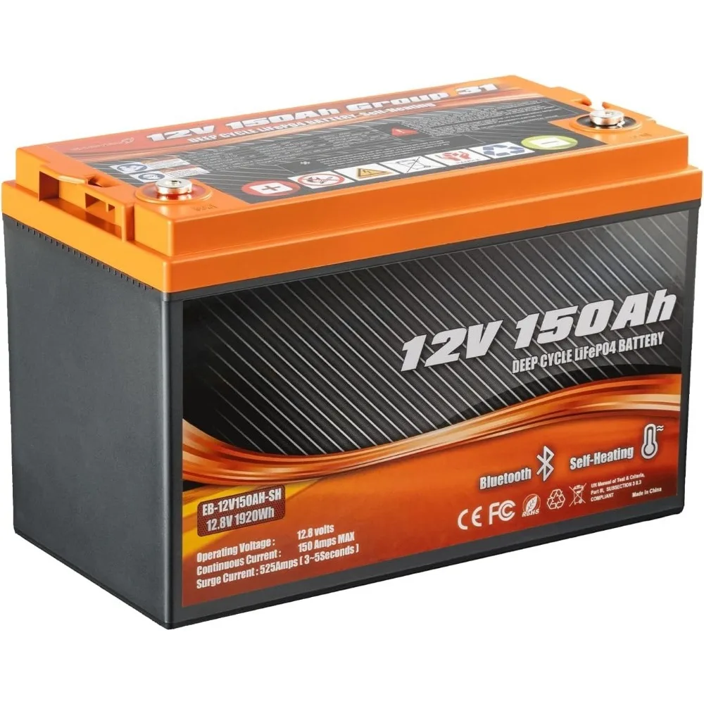 12V 150Ah LiFePO4 Lithium Battery Self-Heating, Group 31 Lithium Battery, Built-in 150A BMS and Bluetooth, 1920W Load Power