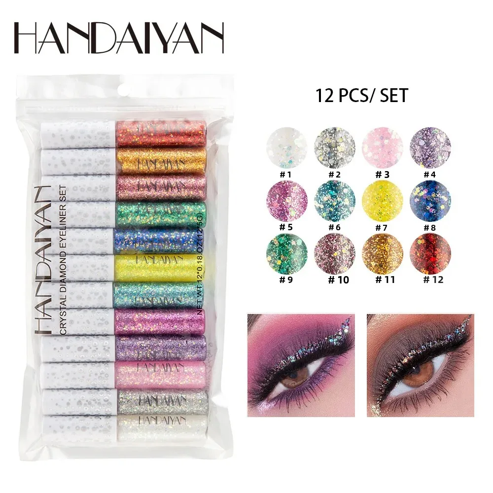 Handaiyan Liquid Eyeliner 12pcs Iridescence Glitter อายไลเนอร์ชุดตาสีสันเครื่องสําอาง Shimmer sequins Eye liner ปากกา