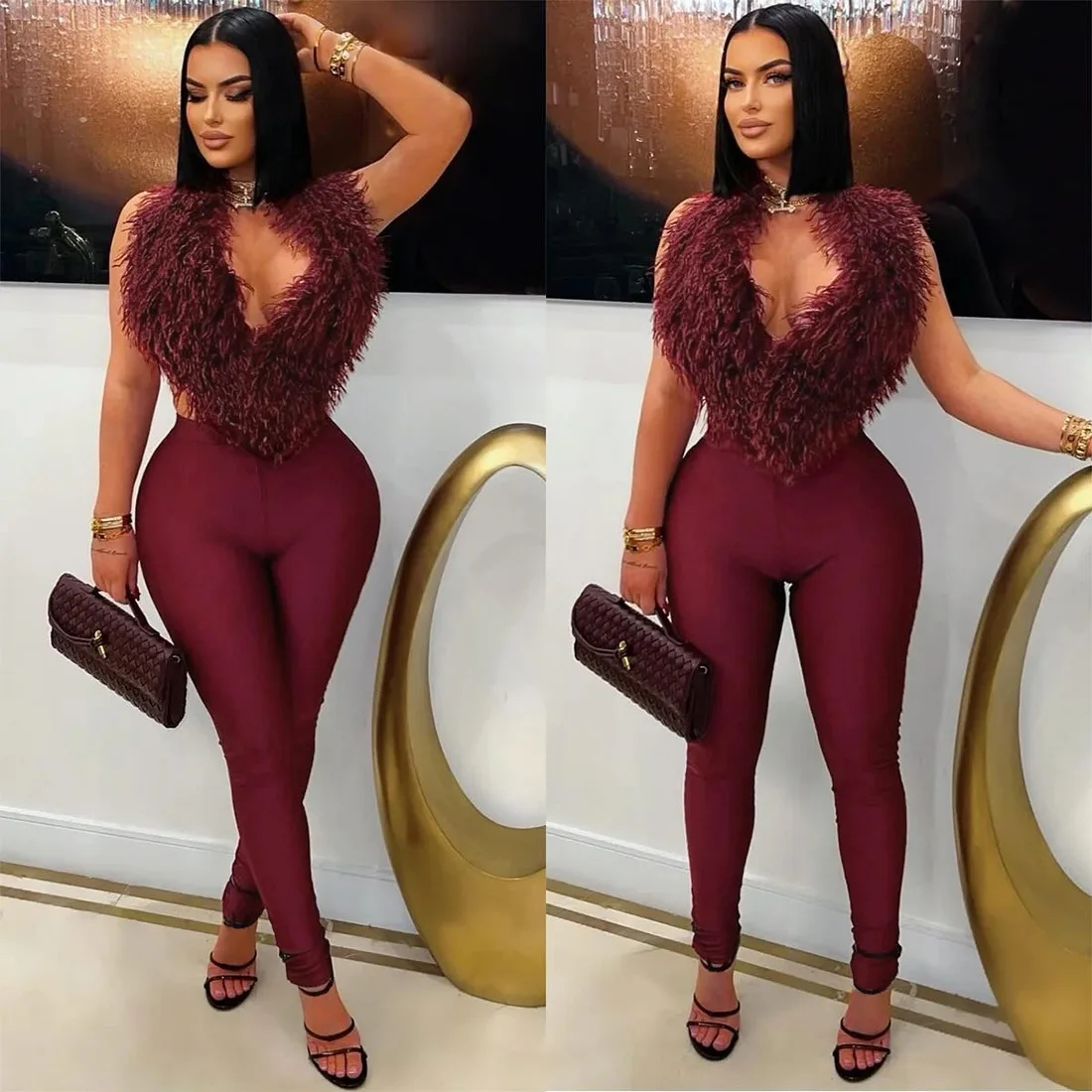 

Fall 2025 New Women's Fashion Fur Collar Sexy Spice Girls Hanging Neck Tie Strapless Sleeveless Deep V Two-piece Ladies Suit