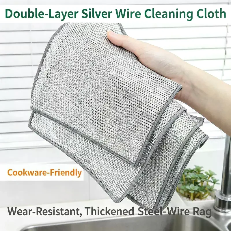 Silver Wire Dish Cloths 10 Pack Double Layer Stain Resistant Cleaning Wipes for Kitchen Cookware Washing