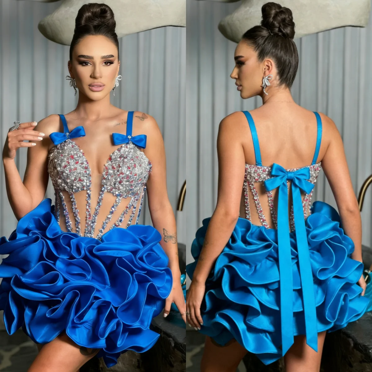 

Illusion Sequins Sheath Cocktail Gowns Spaghetti Straps Short Evening Dresses Crystals Vestidos De Noche Customized