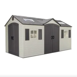 Tool ual Entry 15'W x 8'D Plastic Storage Shed with Double Doors, Double Windows, 2 Shelves, 4 Corner Shelves