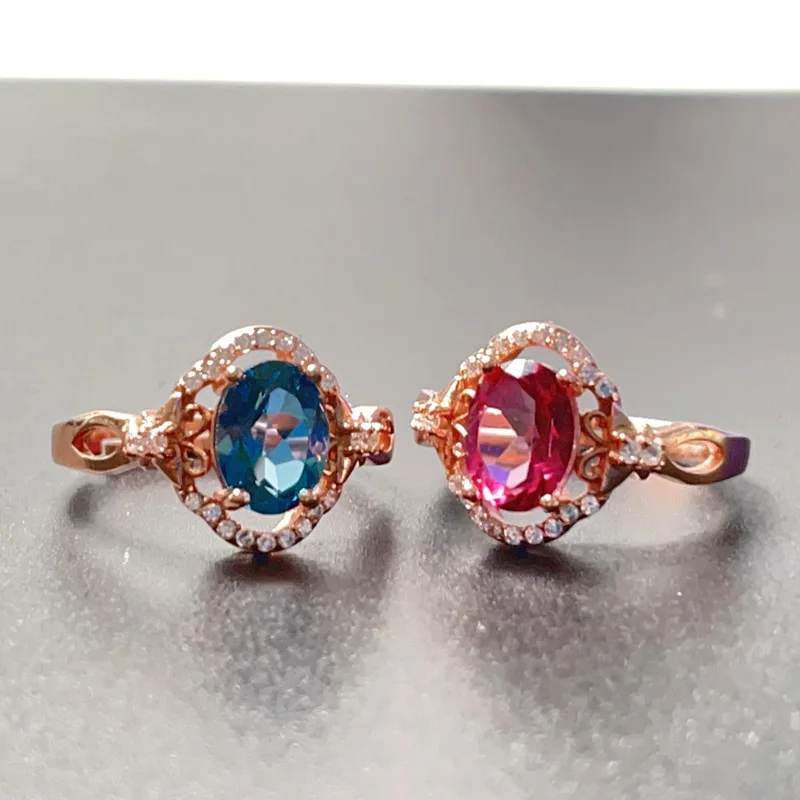 

Solid 925 Silver Topaz Ring with Gold Plating 6mm*8mm Blue and Pink Natural Topaz Jewelry Sterling Silver Gemstone Ring