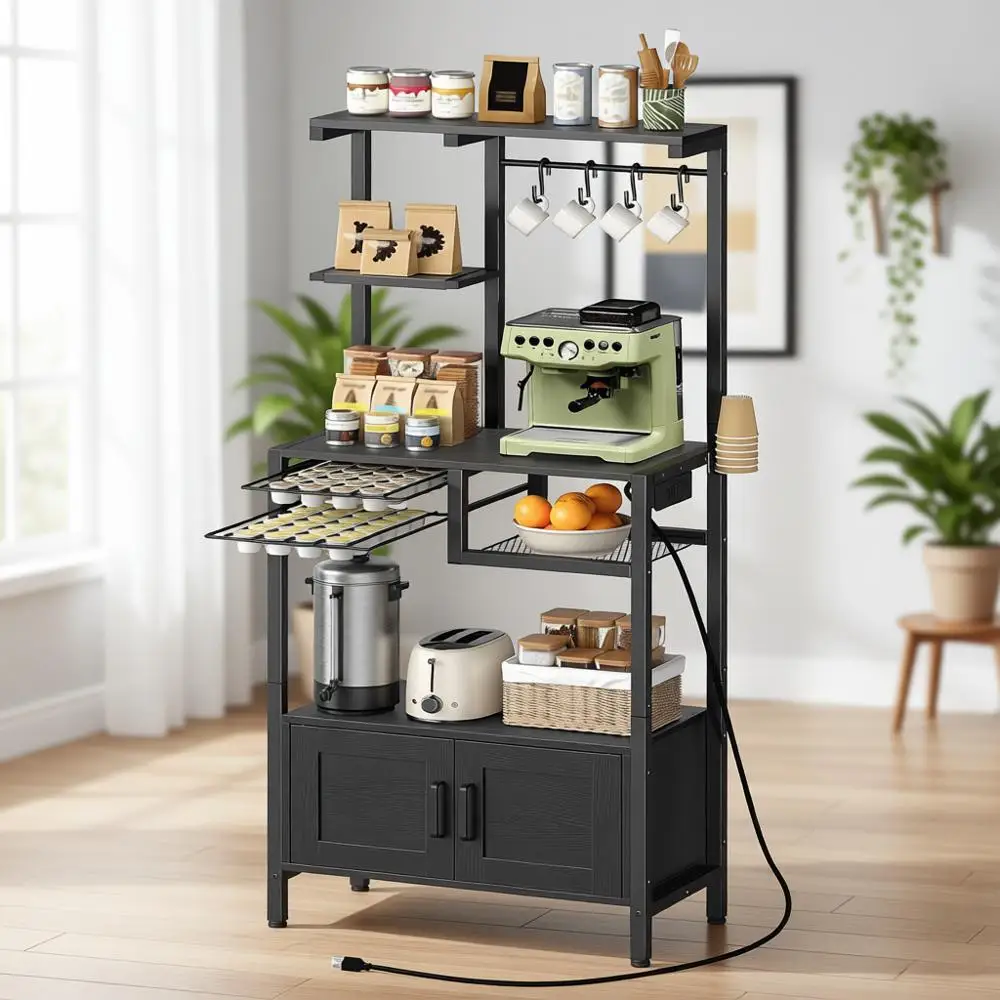 

Black Kitchen Storage Solutions: Electric Outlet Rack, Microwave Stand with Storage, Coffee Pod Holder, Large Utility Cabinet, 4