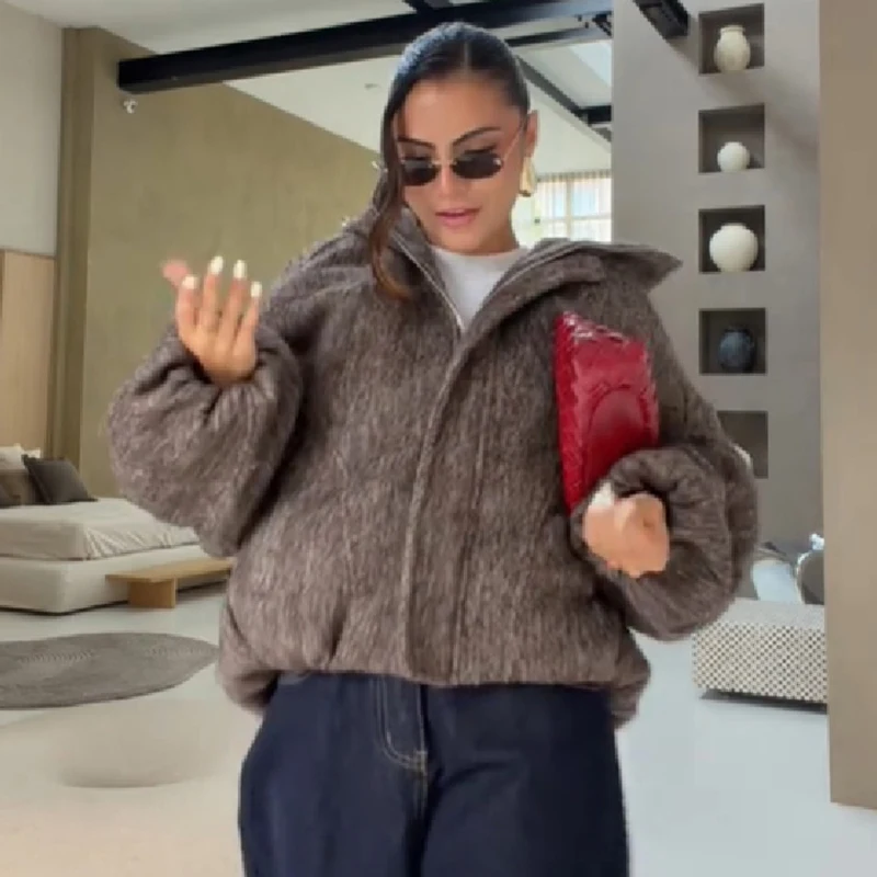 Women Fuzzy Hooded Jacket Full Zip Up Loose Fit Drop Shoulder Lantern Sleeve Warm Sherpa Coat Vintage Winter Ladies Outerwear