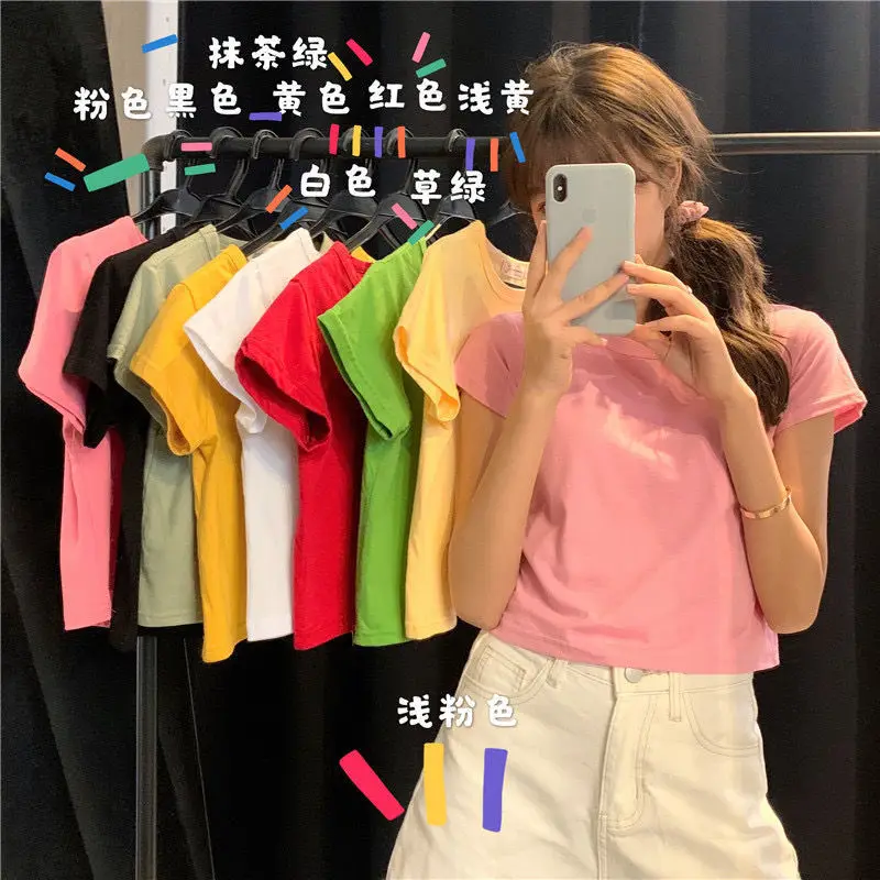 

Short Sleeved Super Hot Candy Color High Waist Exposed Navel Solid Color Top, Best Friend Outfit, Student Summer T-Shirt