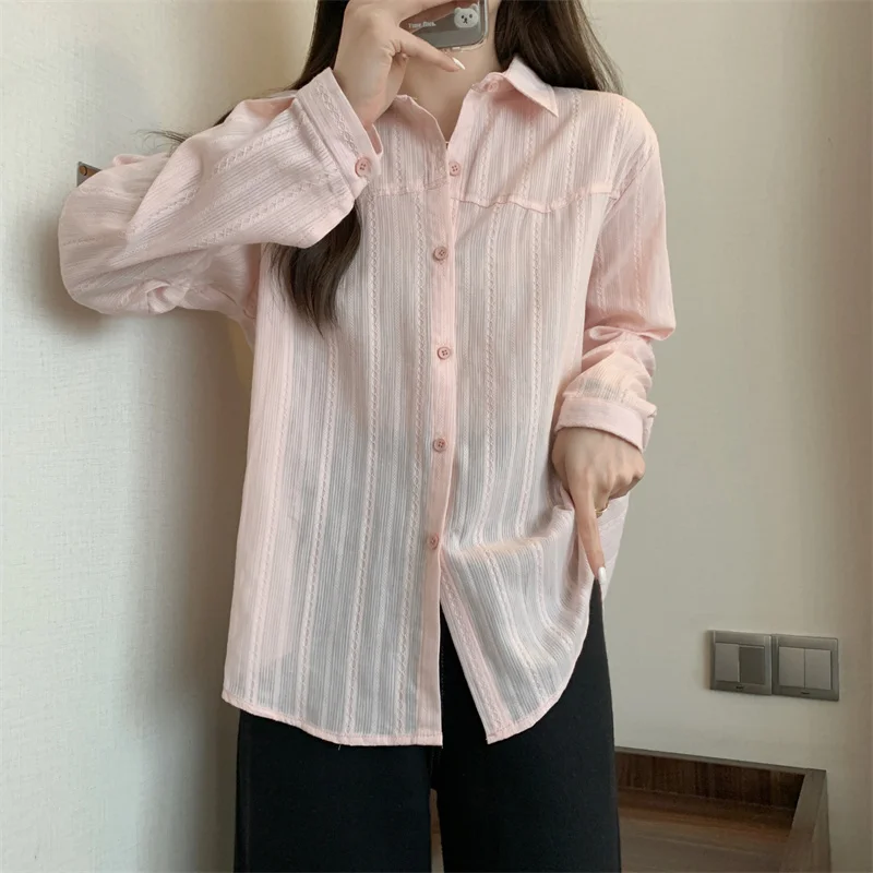 Imagem -02 - Grande Listrado Camisas Finas Mulheres Casual Estilo Minimalista Manga Longa Solta Blusas Chiques Topos 2023 Roupas Femininas S4xl Tamanho