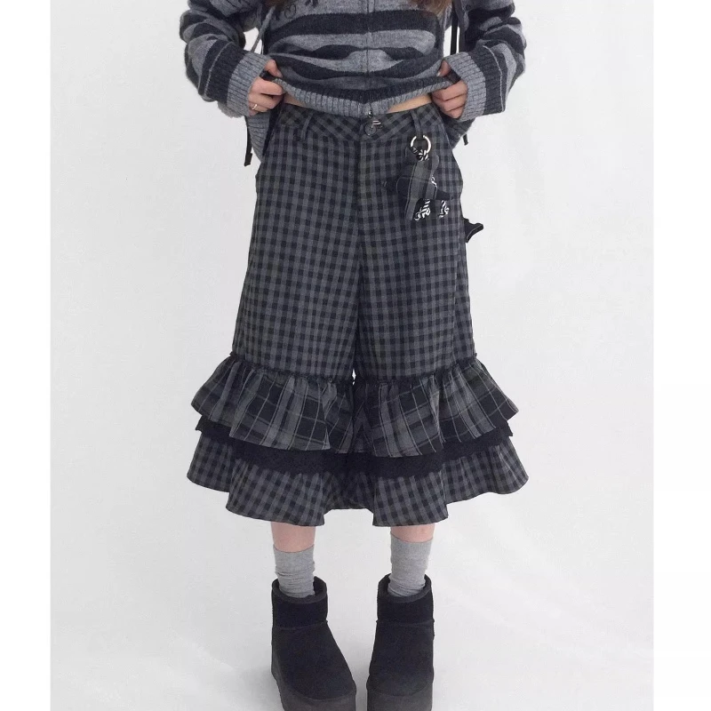 Retro Plaid Brushed Hem Ruffle Women's Mid-Length Pants Autumn New Design Lace Splicing A-Line Wide-Leg Cropped Pants Ladies